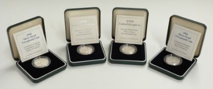 Four Royal Mint silver proof £2 coins, two for 1994 and two for 1995, all cased with certificates,