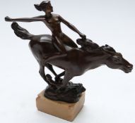 Nude bronze figurine wielding a sword on horseback, on marble plinth, height 13cm