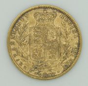 1860 Victoria young head, shield reverse gold full sovereign