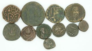 Eleven Roman bronze coinage pieces and pirate cobs