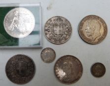 Silver coins to include Queen Victoria double florin and two sixpences, two Vittorio Emanuele II 5L,