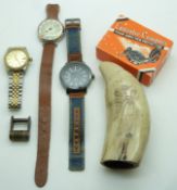 Collectable including replica scrimshaw, watches, pedometer, alphabet lock and a marching compass