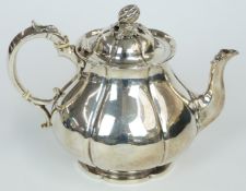 Victorian hallmarked silver teapot with lobed body and fruit finial, London 1843 maker John Eley,