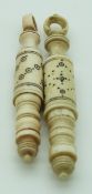 Two 19thC turned ivory Indian Madras ware stilettos, longest 6.5cm