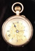 Swiss 9ct gold keyless winding open faced pocket watch with blued hands, black Roman numerals,