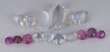 Eleven loose moonstone cabochons and six pink sapphire beads
