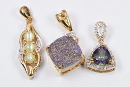 Three 9ct gold pendants set with shimmer druzy quartz & diamond, cat's eye chrysoberyl & diamonds,