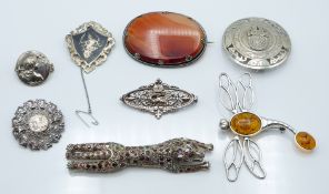 Brooches including Victorian agate, silver, Siam silver, silver dragonfly set with pressed amber,