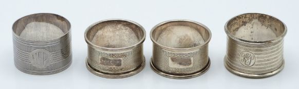 Four various hallmarked silver napkin rings, weight 76g