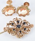 A pair of 9ct gold earrings set with cameos and a 9ct gold brooch set with sapphires, 7g