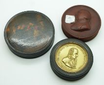 Three 19thC patch boxes comprising one with gilt metal lid and portrait in relief 'Charles Louis