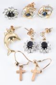 A pair of 9ct gold earrings set with a sapphire and diamonds and other odd 9ct gold earrings, 3.5g