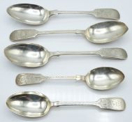 Early 20thC hallmarked silver fiddle pattern spoons comprising three table spoons and two dessert
