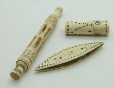 A 19thC turned and carved bone stanhope bodkin case for Folkestone, Madras ware ivory shuttle and