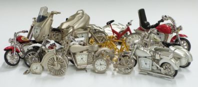 A collection of novelty miniature clocks relating to motorcycles and cycles