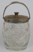George V hallmarked silver mounted cut glass swing handle biscuit barrel or similar, London 1922
