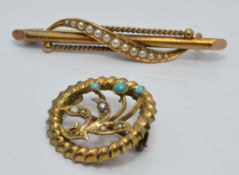 A Victorian yellow metal brooch set with seed pearls (3.3g) and a 9ct gold brooch set with seed