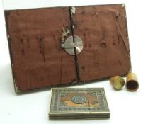 A 19thC silk lined folding triptych bevelled glass mirror, Vizagapatam card case and a treen thimble