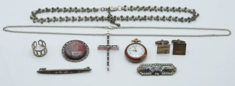 A collection of silver jewellery including a Victorian necklace set with paste, silver ring,