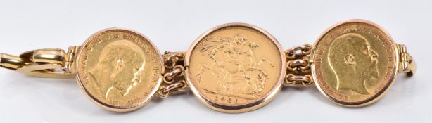 A 9ct gold bracelet set with a 1900 gold full sovereign, Sydney Mint mark and two gold half