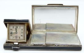 Art Deco hallmarked silver and black enamel compact and travelling clock, with travelling clock to