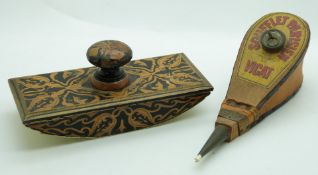 A 19thC penwork blotter and a French bellows pounce pot, longest 16cm