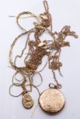 Three 9ct gold necklaces, a 9ct gold locket, Chester 1939, and 9ct gold St Christopher, 12.9g