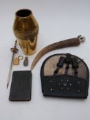 WMF hammered vase, antler handled cigar cutter, sporran, French religious book Office de la Sainte