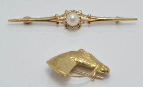 A 9ct gold brooch in the form of a horse's head and a 9ct gold brooch set with a pearl, 2.6g