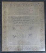 Georgian sampler by Marthe Norris 1781 with conservation card verso dated 1987, 38 x 32cm