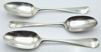 Three Georgian bottom hallmarked silver tablespoons, one London 1757 maker's mark rubbed, another