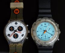Two Swatch chronograph wristwatches Poolside SBKIII and Slow Down SCK408, both in Swatch boxes