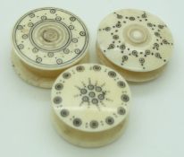 Three 19thC turned ivory Indian Madras ware waxers, diameter 2.5cm