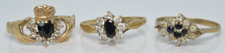 Three 9ct gold rings set with sapphires, 4.8g
