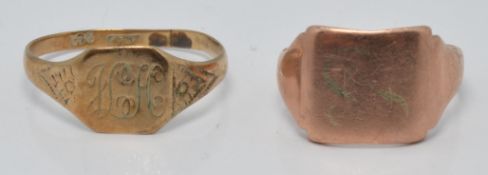 Two 9ct gold signet rings, 3g