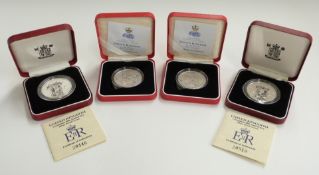 Four Royal Mint silver proof £5 coins, two for 1993 and two for 1997, all cased with certificates