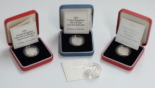 Four Royal Mint silver proof Piedfort £1 coins, two 1993, a 1996 example and a 1998, cased with