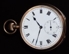 Unnamed 9ct gold keyless winding open faced pocket watch with inset subsidiary seconds dial, blued