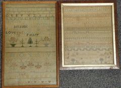 Two 19thC embroidery samplers, one Edith Gunner, Wavering School, 1824, largest 39 x 25cm