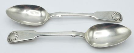 Pair of Victorian Scottish hallmarked silver fiddle and shell pattern dessert spoons, Edinburgh 1872