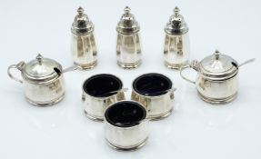 Elizabeth II hallmarked silver cruet set comprising three peppers, three open salts and two mustards