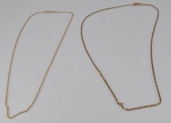 A 9ct rose gold necklace made up of rectangular links and a 9ct gold chain, 2.7g