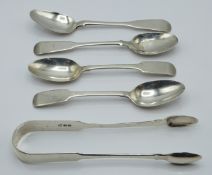 Georgian and later hallmarked silver cutlery comprising sugar tongs and four various teaspoons,