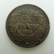 1835 Louis Phillipe I, France silver quarter franc, NEF