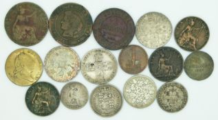 Sixteen mixed Georgian, Victorian and later coins includes silver and overseas