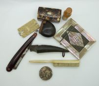 A collection of 19thC bijouterie and treen including an ivory dance card, treen nut snuff box,