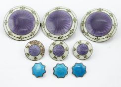 Edward VII set of six hallmarked silver and purple and blue guilloché enamel buttons, Birmingham