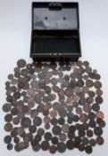 A vintage cash box containing a large collection of Georgian copper coinage, including Charles II,