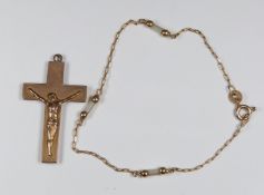 A 9ct rose gold cross and a 9ct gold bracelet with mother of pearl beads, 2.9g