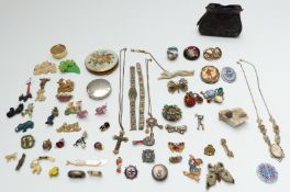 A collection of brooches including Victorian, silver scarf clip, plastic brooches, micro mosaic,